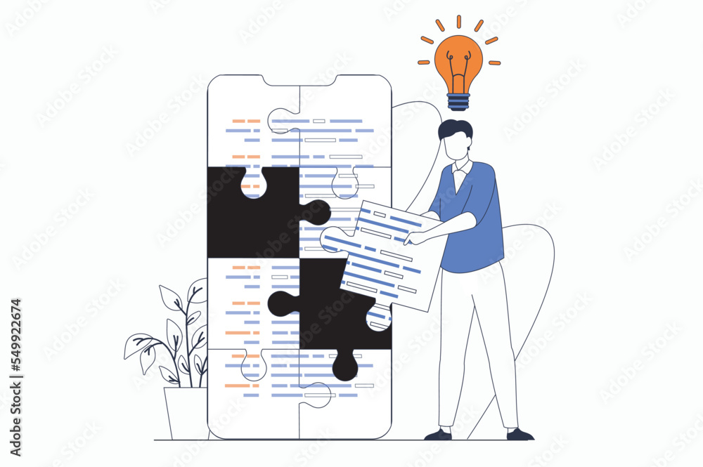 Web development concept with people scene in flat outline design. Man generates ideas for solving work problems and creates mobile website. Vector illustration with line character situation for web Web development concept with people scene in flat outline design. Man generates ideas for solving work problems and creates mobile website. Vector illustration with line character situation for web
