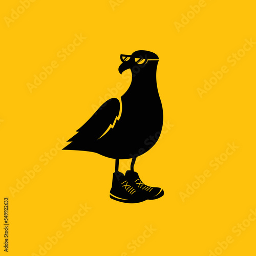 Silhouette of an animated funny bird wearing sneakers and sunglasses