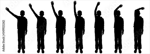 Childish, teenage boy silhouette in black color isolated on white background. A boy in sportswear and sneakers with a raised hand, the other hand remains motionless. Flat design. Front view.