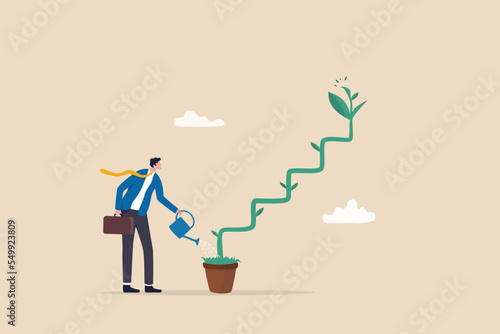 Growth step or career path, job improvement stair or growing investment or stair to success, mentorship concept, businessman watering seedling plant growing up as stair to climb to reach success.