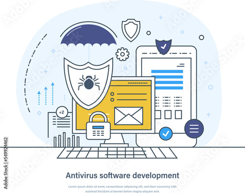 Antivirus software development, online security, data protection concept. Software assurance service application. Web protection, antivirus thin line design of vector doodles