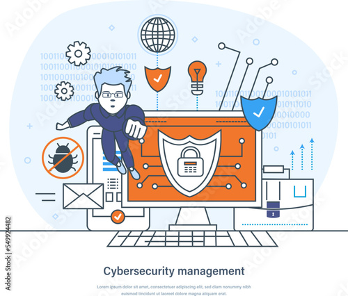 Cybersecurity management, antivirus software development, data protection concept. Cybersecurity assistance services, software application and management thin line design of vector doodles
