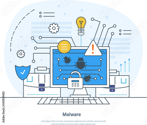 Malware, computer virus, spyware, hacking crime and cybersecurity. Cyber attack, online fraud, virus and piracy. Database security software development thin line design of vector doodles