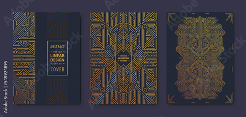 Set of vector art deco, gatsby golden covers. Creative design templates. Trendy graphic poster, brochure, design, packaging and branding. Geometric shapes, ornaments, elements