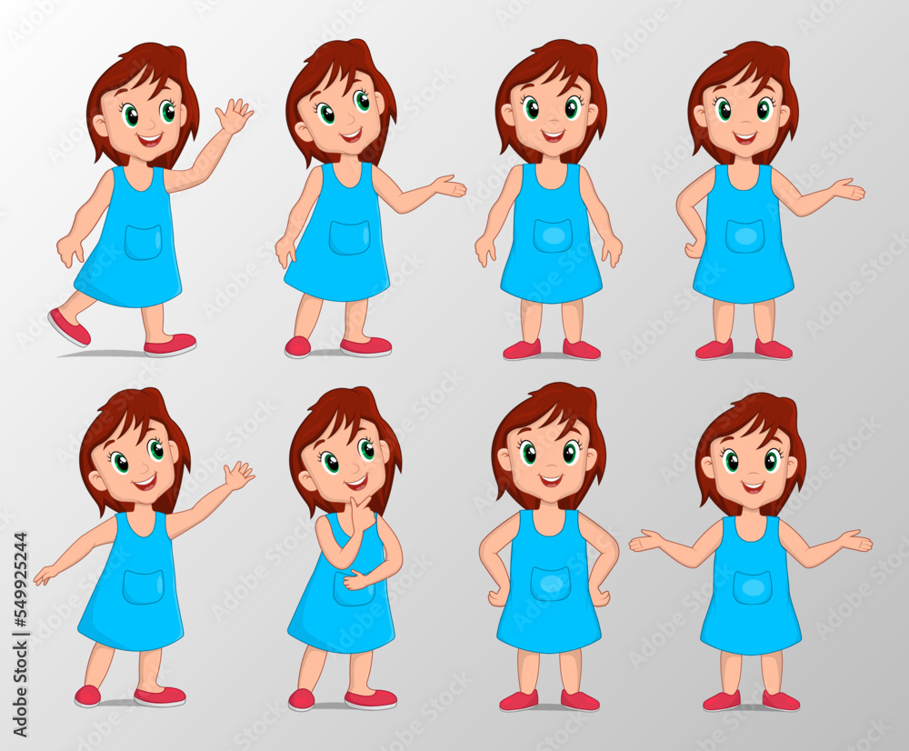Cute girl with happy gesture expression set vector illustration