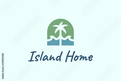 property and apartment on island with ocean waves and palm tree suitable for real estate logo