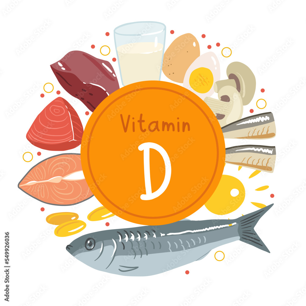 Collection of vitamin D sources. Food enriched with cholecalciferol