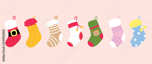 Set of christmas socks background vector illustration. Collection of decorative cute vibrant knitted socks in different style. Design for christmas decoration, invitation card, greeting, poster. 