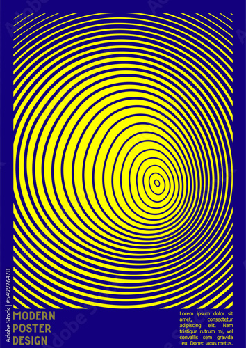 Geometrical Poster Design with Optical Illusion Effect.  Modern Psychedelic Cover Page Collection. Colourful Wave Lines Background. Fluid Stripes Art. Swiss Design. Vector Illustration for Brochure.