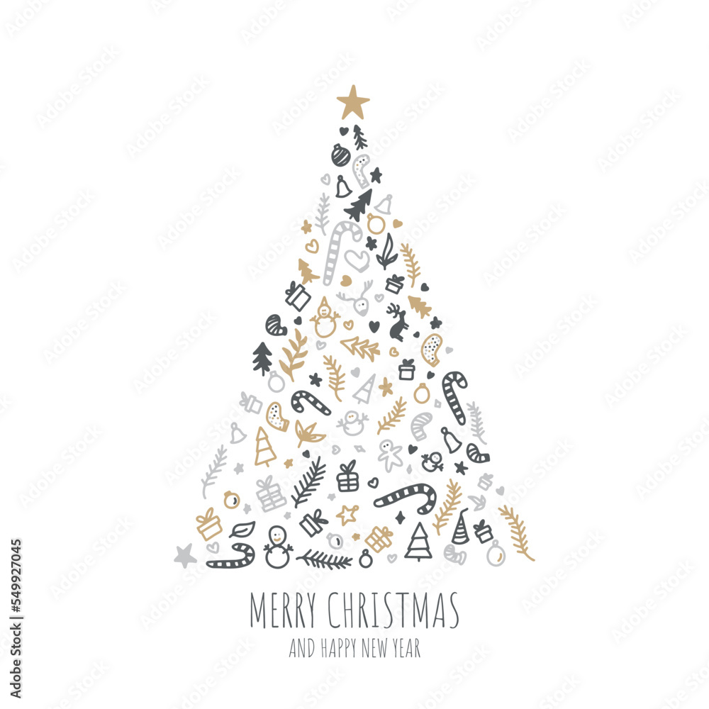 Greeting card concept with the words Merry Christmas. Abstract Christmas tree shape arranged with festive symbols Greeting card concept with the words Merry Christmas. Abstract Christmas tree shape arranged with festive symbols