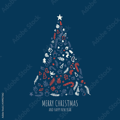 Greeting card concept with the words Merry Christmas. Abstract Christmas tree shape arranged with festive symbols