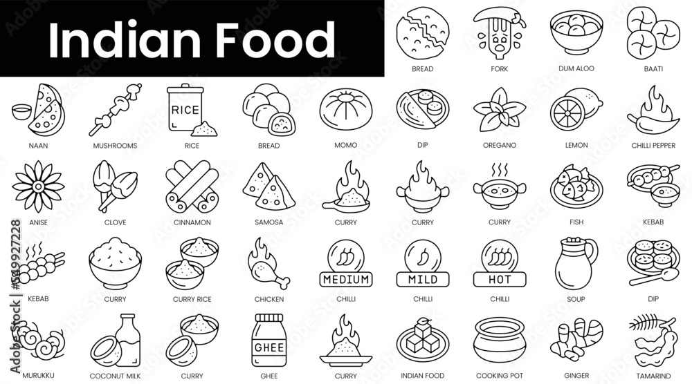 Set of outline indian food icons. Minimalist thin linear web icon set. vector illustration. - obrazy, fototapety, plakaty 