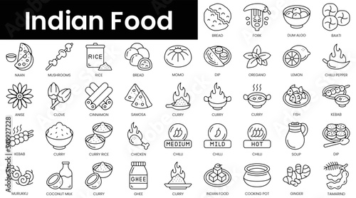 Set of outline indian food icons. Minimalist thin linear web icon set. vector illustration.