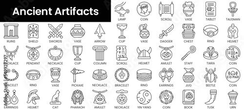 Set of outline ancient artifacts icons. Minimalist thin linear web icon set. vector illustration. photo