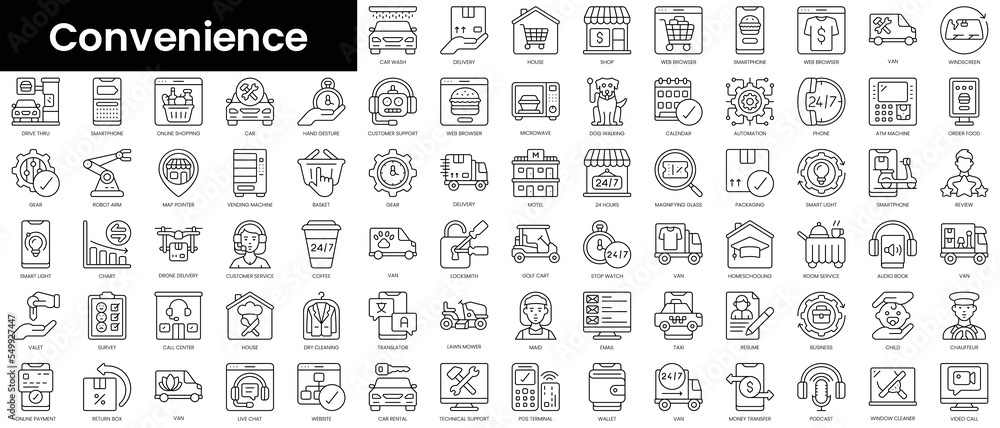 Set of outline convenience icons. Minimalist thin linear web icon set. vector illustration.