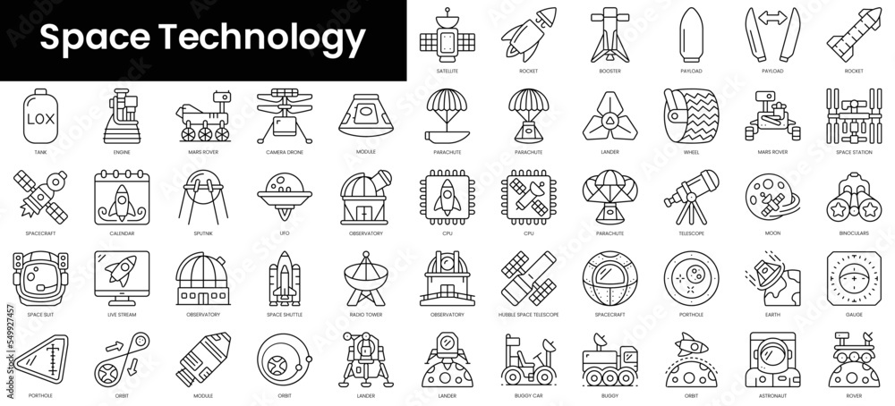 Set of outline space technology icons. Minimalist thin linear web icon set. vector illustration.