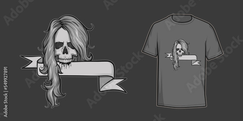 long haired woman skull illustration  t-shirt design