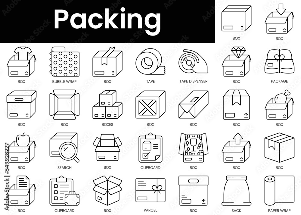 Set of outline packing icons. Minimalist thin linear web icon set. vector illustration.