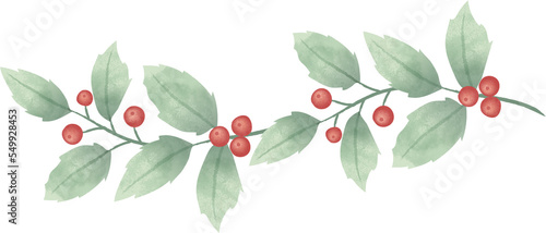 Christmas wreath, flower wreath of christmas flower, holly berries with leaves clipart. Isolated element graphic. Watercolor style illustration.