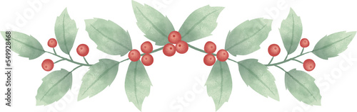 Christmas wreath, flower wreath of christmas flower, holly berries with leaves clipart. Isolated element graphic. Watercolor style illustration.
