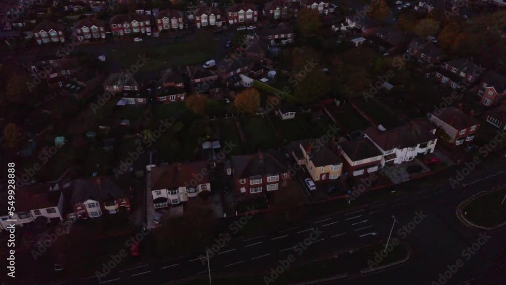 Top down aerial view of Industrial Widnes town roadside terraced residential property during sunset, Cheshire, England Top down aerial view of Industrial Widnes town roadside terraced residential property during sunset, Cheshire, England