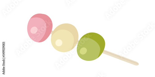 Japanese Spring Dango. Three-color dumplings dangos. Traditional Japanese dessert. Sanshoku Dango. Flat Vector illustration with Healthy sweet snack. Ball of rice. Banner, poster, restaurant menu