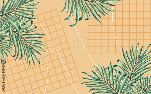 Abstract brown background with decorative tropical palm leaves.