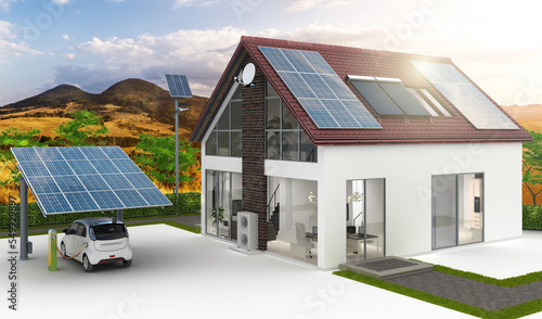 Versorung mit erneuerbarer Energie am Einfamilienhaus mit einer Landschaft im Hintergrund photo
