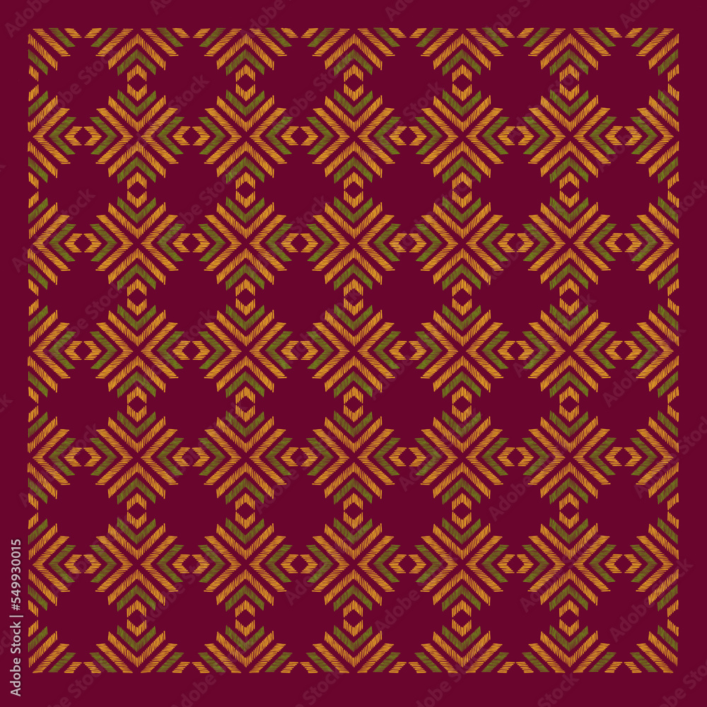 Embroidered seamless geometric pattern. Ornament for textile designing, printing, and wallpapers. Vector illustration