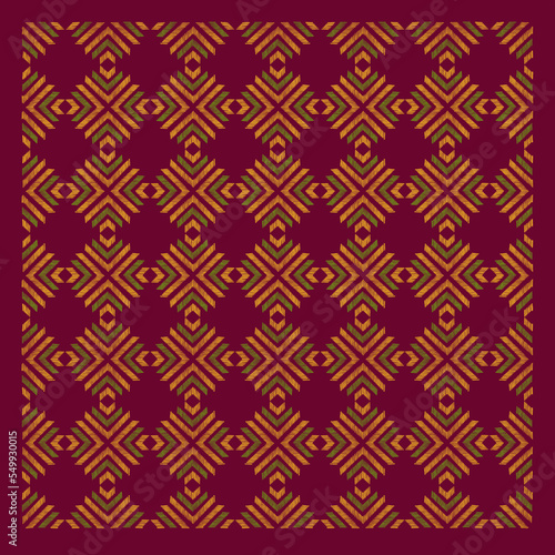 Embroidered seamless geometric pattern. Ornament for textile designing, printing, and wallpapers. Vector illustration