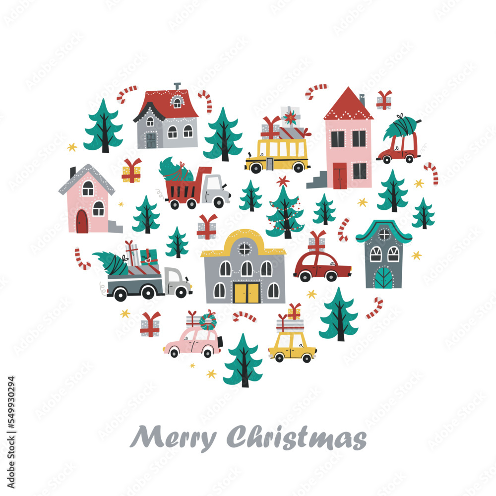 Christmas background with a heart of cars and houses Christmas background with a heart of cars and houses