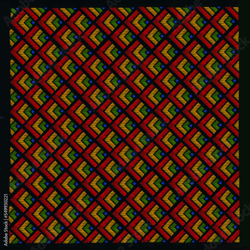Embroidered seamless geometric pattern. Ornament for textile designing, printing, and wallpapers. 