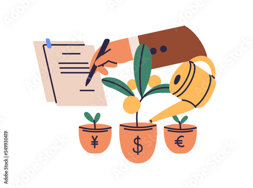 Business and finance, financial literacy concept. Signing investment, deposit bank agreement for capital growth. Economics and investing study. Flat vector illustration isolated on white background