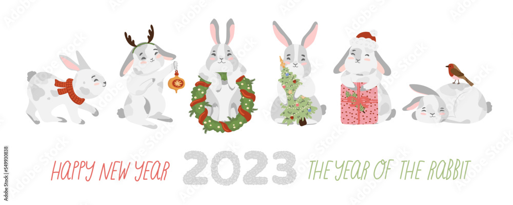 Christmas rabbit, bunny, hare collection with advent wreath, gift box, present, santa hat, christmas tree, red scarf, christmas decorations deer antler, bubble, robin bird. Happy new year 2023 banner Christmas rabbit, bunny, hare collection with advent wreath, gift box, present, santa hat, christmas tree, red scarf, christmas decorations deer antler, bubble, robin bird. Happy new year 2023 banner