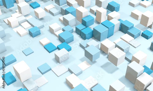 Structure of rectangles of different sizes. Abstract geometric isometric background in blue and white colors. 3d render