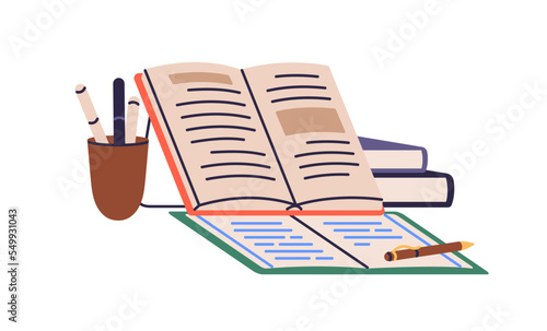 Textbook, exercise book and pen composition. Grammar and language education, study concept. Writing school syllabus, essay, preparation for exam. Flat vector illustration isolated on white background