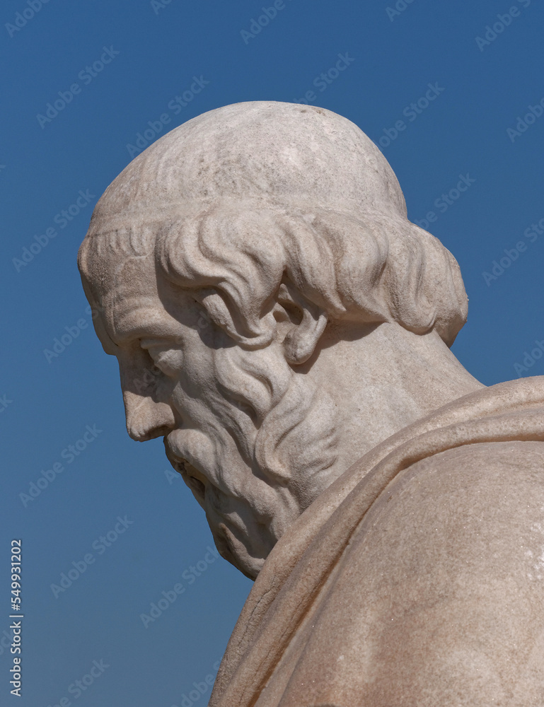 Plato, the ancient Greek philosophers portrait, a detail of a marble statue. Culture travel in Athens, Greece.