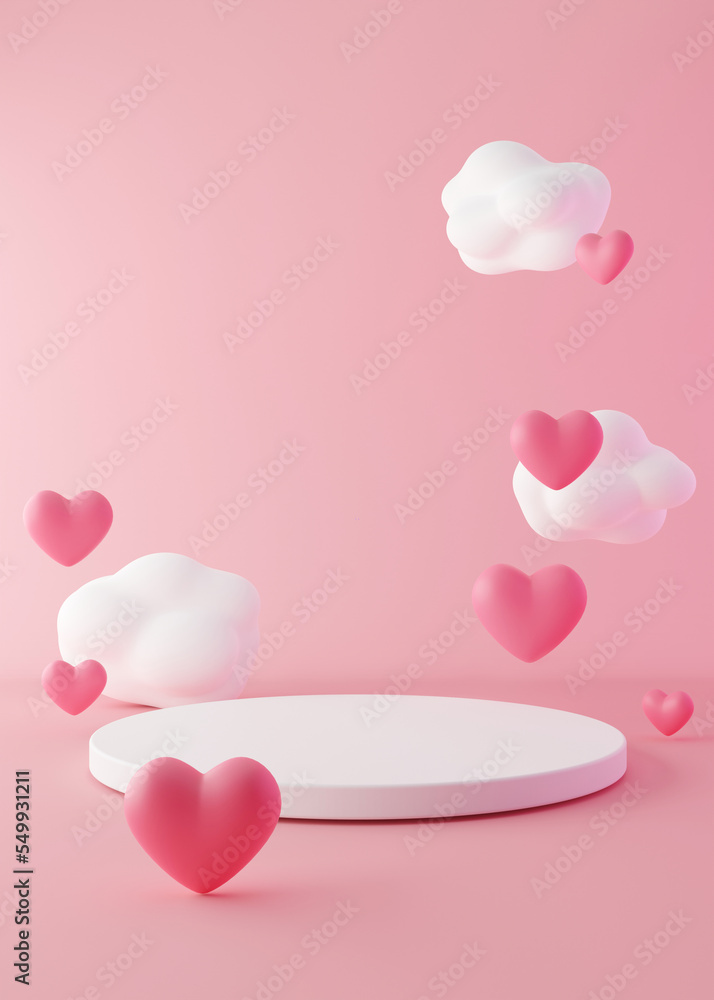 Podium with hearts and clouds flying in the air. Valentine's Day, Mother's Day, Wedding. Podium for product, cosmetic presentation. Mock up. Pedestal or platform for beauty products. 3D render. - obrazy, fototapety, plakaty 