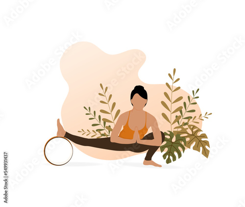 Young girl demonstrating half squat pose with nature and leaves background. Flexible woman doing ardha malasana. Hip opener exersice with yoga wheel. Vector illustration  