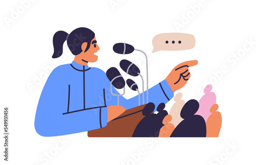 Public speaker behind podium with microphone. Woman orator speaking to audience, people. Leader talking, gesturing, standing at rostrum, pulpit. Flat vector illustration isolated on white background