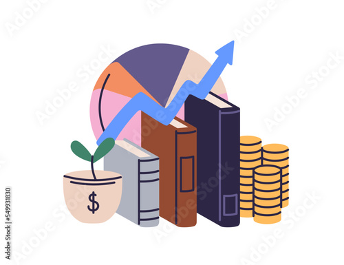 Financial and business education, economics study, finance literacy concept. Books on economy, investment knowledge and money composition. Flat vector illustration isolated on white background