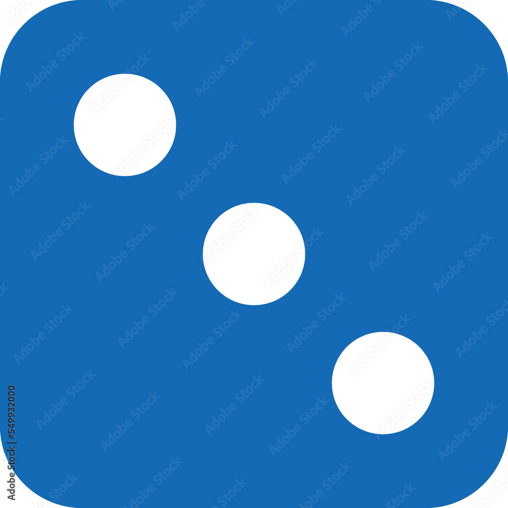 Dice graphic icons. Blue game dice cube with tree dots. Gambling object to play in casino, poker. Face of cube. Traditional die with numbers of 3 dots 