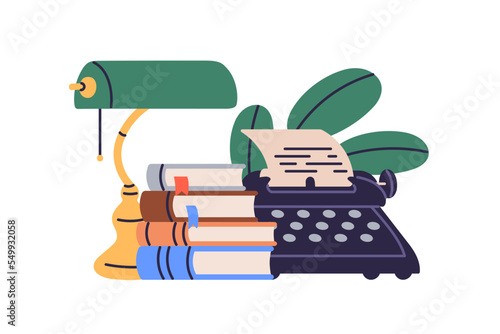 Typewriter and books composition. Literature and language study, education, school subject concept. Writing, typing novel, story on paper. Flat vector illustration isolated on white background