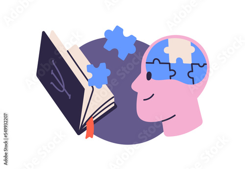 Student and psychology book. Psychological education, knowledge concept. Reader pupil reading, studying philosophy. Brain puzzle, memory. Flat vector illustration isolated on white background