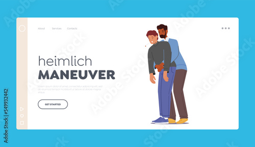 Heimlich Maneuver Landing Page Template. Man Stand Behind Conscious Victim Male Character Vector Illustration
