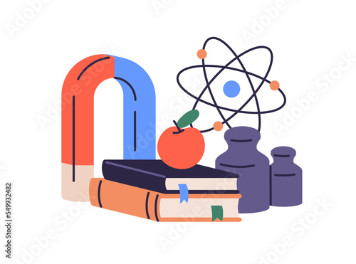 Physics, science and school subject, lesson concept. Theory book for education, knowledge. Textbook, magnet, atom, weights and apple composition. Flat vector illustration isolated on white background