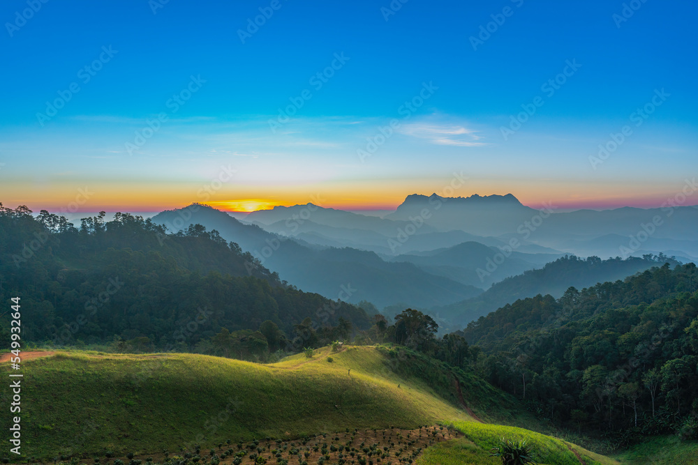 A beautiful Mountain named Doi Luang Chiang Dao mountain taken from Hadubi hill in Chiang Mai province of Thailand in the morning.