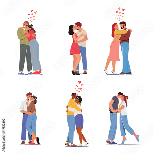 Set Happy Men and Women Kissing and Hugging. Loving Couples Romantic Relations Concept. Male Female Lovers