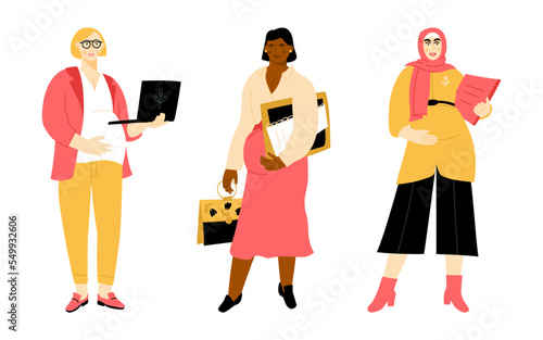 Set of different pregnant women working. Expectant mothers combining work and motherhood. Vector flat illustration