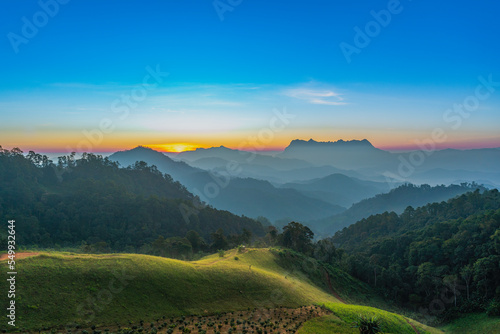 A beautiful Mountain named Doi Luang Chiang Dao mountain taken from Hadubi hill in Chiang Mai province of Thailand in the morning.